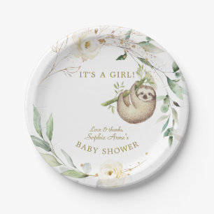 Cute Sloths Floral Greenery Girl Baby shower Papieren Bordje