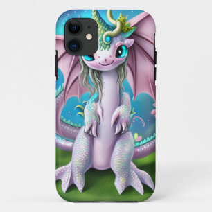 Cute Smiling Baby Dragon met Flowers iPhone 11 Hoesje