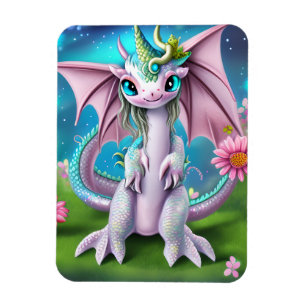 Cute Smiling Baby Dragon met Flowers Magneet