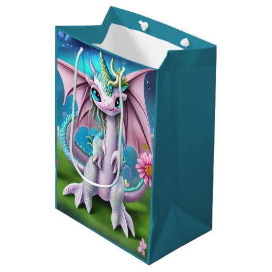 Cute Smiling Baby Dragon met Flowers Medium Cadeauzakje (Voorkant Gekanteld)