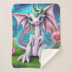 Cute Smiling Baby Dragon met Flowers Sherpa Deken