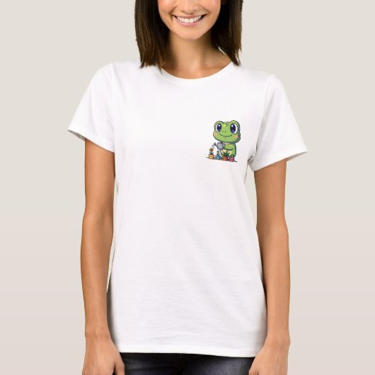Cute Smiling Frog Watering Small Potted Plants T-shirt (Voorkant)