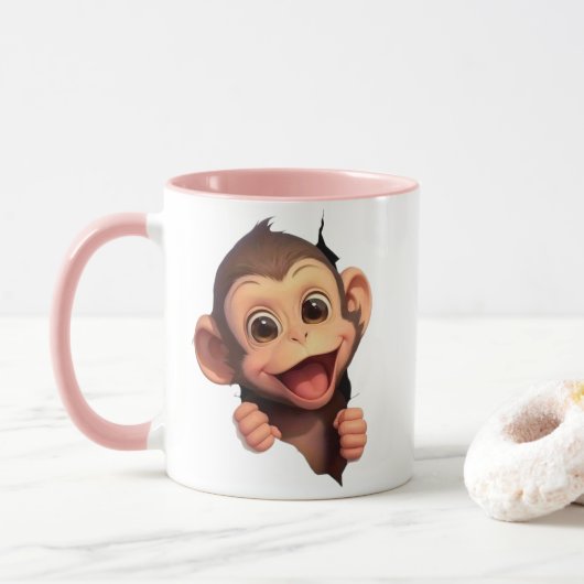 Cute Smiling Monkey Coffee Mug – Adorable Animal  Mok (Met donut)