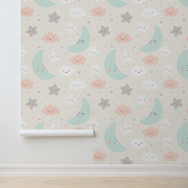 Cute Smiling Pastel Sky Pattern Behang (Applicatie)