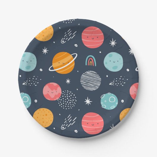 Cute Smiling Planet Pattern Papieren Bordje (Voorkant)