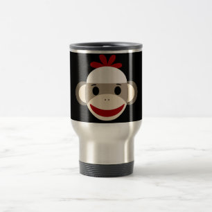 Cute Smiling Sock Monkey Face op Red Black Reisbeker