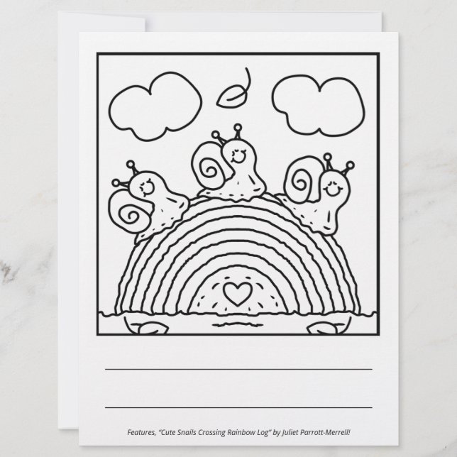 Cute Snails Crossing Rainbow Log Coloring Page (Voorkant)
