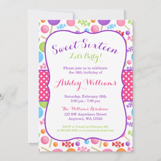 Cute Snoep Sweet 16 Birthday Party Kaart (Voorkant)
