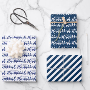 Cute Snow Bubbles & Stripes Happy Hanukkah Inpakpapier Vel