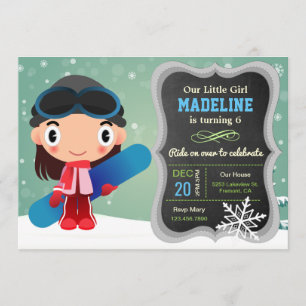 Cute Snowboard Girl Birthday Party Invitation Kaart