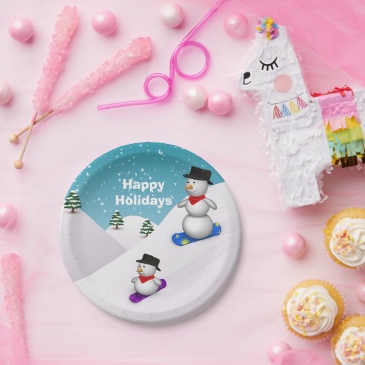 Cute Snowboarding Snowmen Papieren Bordje (Feest)