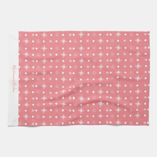 Cute Snowflakes Roze White Pattern Script Name Theedoek (Horizontaal)