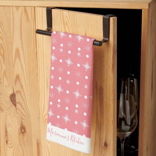 Cute Snowflakes Roze White Pattern Script Name Theedoek (Derde Gevouwen)