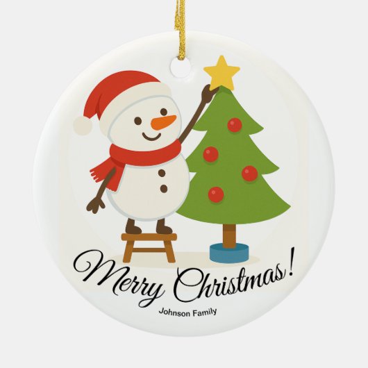 Cute Snowman Decorating Tree Personalized Name Keramisch Ornament (Achterkant)