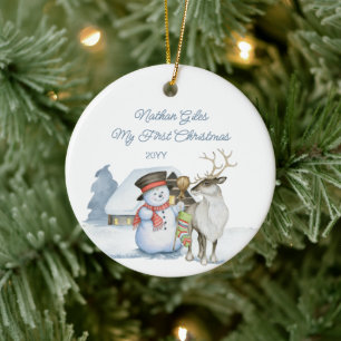 Cute Snowman en Reindeer First Kerstkeramiek Keramisch Ornament