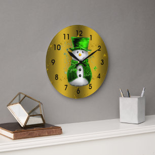 Cute Snowman in Green Velvet op Gold Kerstmis Grote Klok