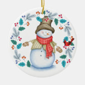 Cute Snowman met Bird WreatKerstmis Keramisch Ornament (Voorkant)