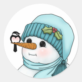 Cute Snowman met Chickadee op zijn wortelneus Ronde Sticker