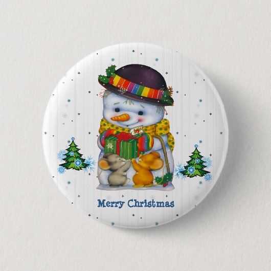 Cute Snowman met twee kleine muizen Button (Voorkant)