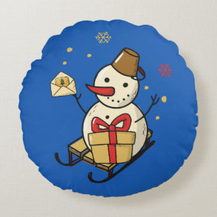 Cute Snowman op een spoor Rond Kussen