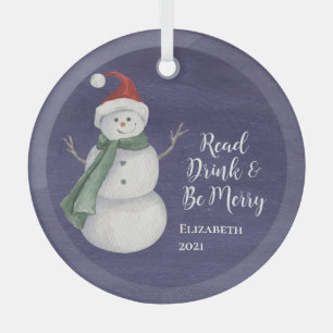 Cute Snowman Reading Book Club Monogrammed Glas Ornament