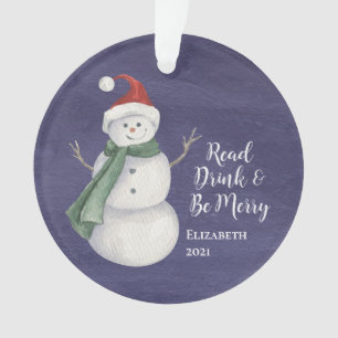 Cute Snowman Reading Book Club Monogrammed  Ornament