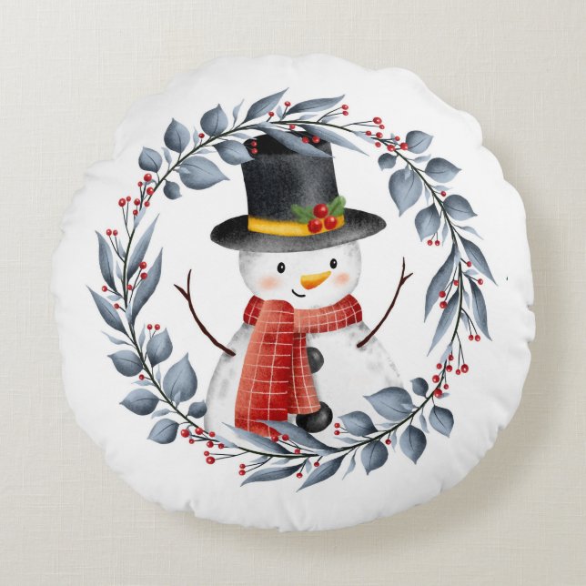 Cute Snowman Round Pillow Rond Kussen (Voorkant)