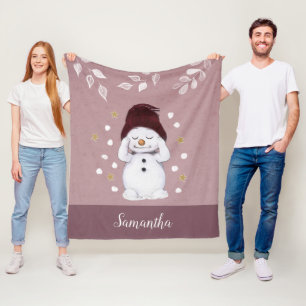 Cute Snowman Roze Kerstmis Naam toevoegen Fleece Deken