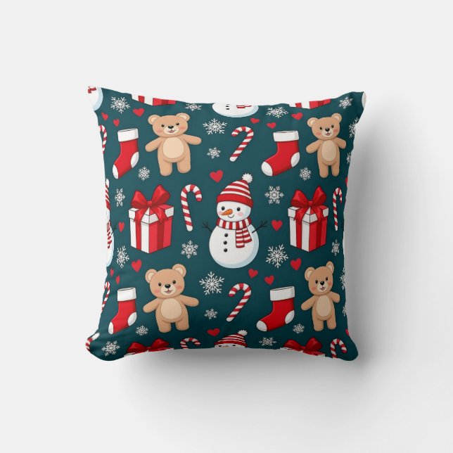 Cute Snowman & Teddy Christmas Throw Pillow Kussen (Voorkant)