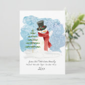 Cute Snowman Top Hat Merry Kerstscript Foto Feestdagenkaart (Staand voorkant)