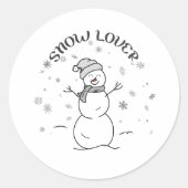 Cute Snowman with SNOW LOVER Text and Snowflakes   Ronde Sticker (Voorkant)