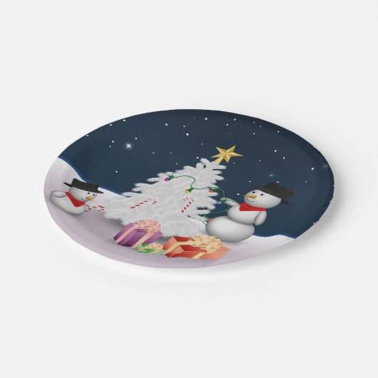 Cute Snowmen met kerstboom Papieren Bordje (Gekanteld)