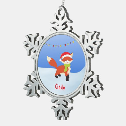 Cute Snowy Fox in Santa Hat Tin Sneeuwvlok Ornament (Rechts)