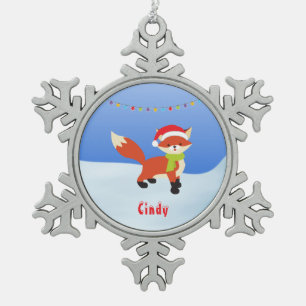 Cute Snowy Fox in Santa Hat Tin Sneeuwvlok Ornament