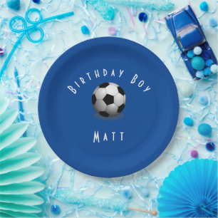 Cute Soccer Birthday Boy Blue and White Papieren Bordje