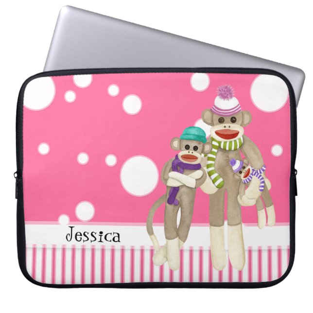 Cute Sock Monkey Girl Friends Whimsical Fun Art Laptop Sleeve (Voorkant)
