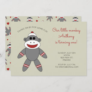 Cute Sock Monkey met hart 1ste verjaardag Kaart