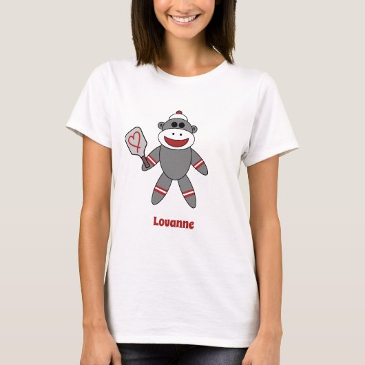 Cute Sock Monkey met Pickleball Paddle T-shirt (Voorkant)