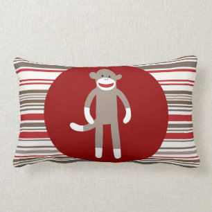 Cute Sock Monkey op rode cirkel rode bruine strepe Kussen