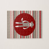 Cute Sock Monkey op rode cirkel rode bruine strepe Legpuzzel (Horizontaal)