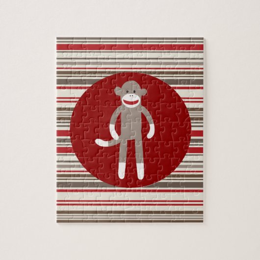 Cute Sock Monkey op rode cirkel rode bruine strepe Legpuzzel (Verticaal)