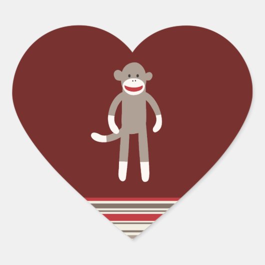 Cute Sock Monkey op rood met strepen Hart Sticker (Voorkant)