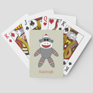 Cute Sock Monkey op Tan met naam Pokerkaarten