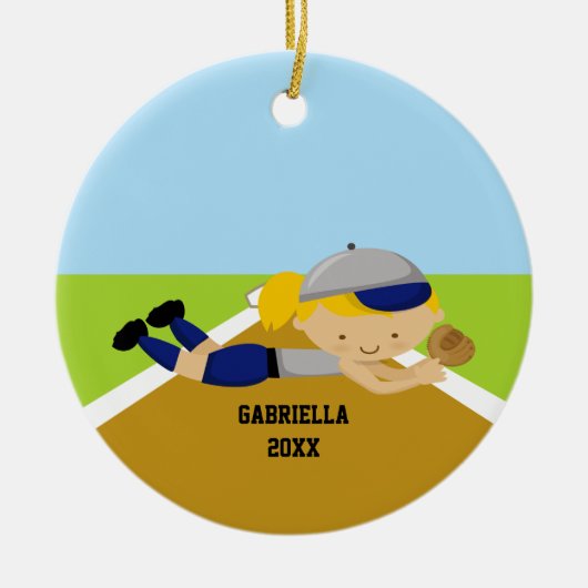 Cute Softball Player in Blue & Grey Ornament (Voorkant)