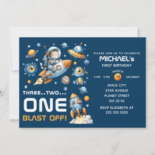 Cute Space Astronaut Cat Blast Off 1st Birthday Kaart (Voorkant)