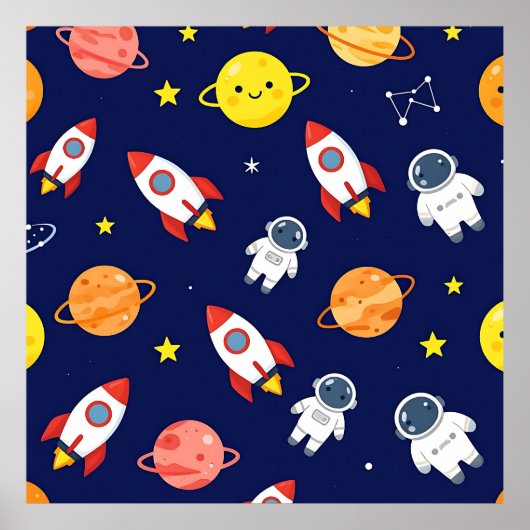 Cute Space Explorer Kids Pattern Poster (Voorkant)
