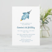 Cute Space Rocket Shiket Blue, eerste verjaardag Kaart (Staand voorkant)