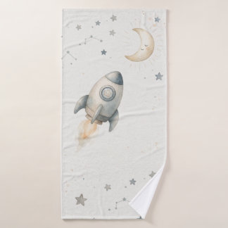 Cute Space Theme Bath Towels with Whimsical Rocket