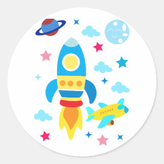 Cute Spacecraft Rocket Ships Pattern Ronde Sticker