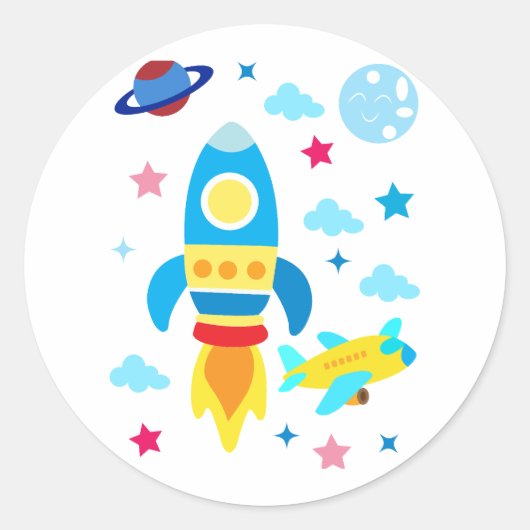 Cute Spacecraft Rocket Ships Pattern Ronde Sticker (Voorkant)